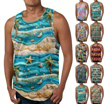 Гавайские майки для мужчин, повседневная мода, летняя пляжная майка без рукавов с круглым вырезом и принтом L синий
