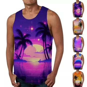 Гавайские майки для мужчин, повседневная мода, летняя пляжная майка без рукавов с круглым вырезом и принтом L темно-фиолетового