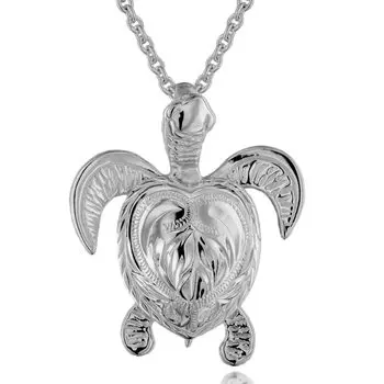 Гавайские украшения Черепаха Хону Свиток Гравировка Кулон Ожерелье Серебро 925 [Лейлани] (Морская черепаха) (с цепью)