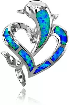 Гавайские украшения Голубой опал Сердце дельфин Серебряное ожерелье с подвеской Серебро 925 с фианитами [Leilani] (Нет цепи)