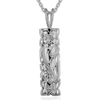 Гавайские украшения пластина вырезана плюмерия свиток выгравированный кулон ожерелье серебро 925 [Leilani] & (Волна) (с цепочкой)