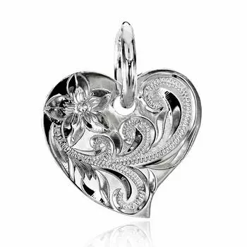 Гавайские украшения Плюмерия Свиток Выгравированное Сердце Серебряное Ожерелье Подвеска Серебро 925 [Лейлани] & (Волна) (Нет цепи)