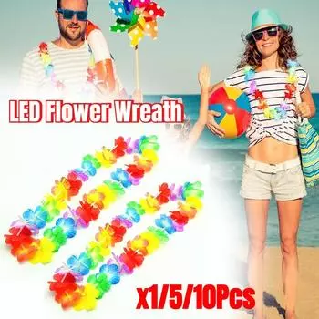 Гавайский искусственный светодиодный венок из цветов, ожерелье, тематическая вечеринка, гирлянда, летний пляж, свадьба, день рождения, вечеринка, декор, принадлежности 1PCS