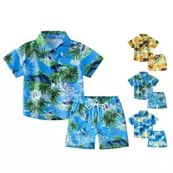 Гавайский комплект одежды для малышей-мальчиков с изображением заката, пальмовых листьев, рубашка и шорты для детей на берегу моря 160cm жёлтый