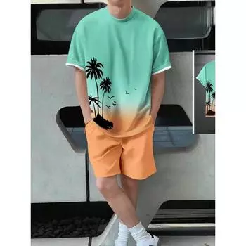 Гавайский мужской костюм, летняя повседневная мужская футболка для отдыха на природе, мужские пляжные шорты с принтом кокосовой пальмы, мужская одежда S