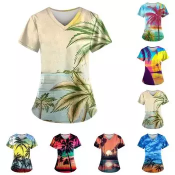 Гавайский топ для женщин, модные топы с коротким рукавом и V-образным вырезом с принтом, рабочие футболки с карманами L чёрный