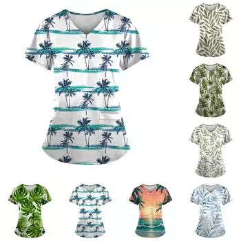 Гавайский топ для женщин, модные топы с коротким рукавом и V-образным вырезом с принтом, рабочие футболки с карманами XL