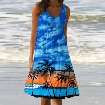 Гавайское платье для женщин, летние весенние плиссированные богемные платья, милые струящиеся пляжные платья без рукавов, прямая футболка, платья-майки, платья с круглым вырезом L синий
