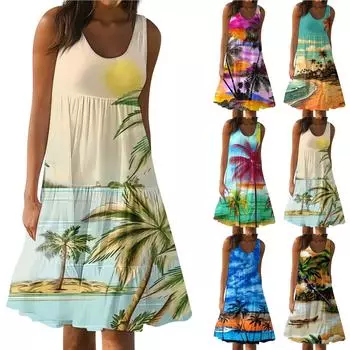 Гавайское платье для женщин, летние весенние плиссированные богемные платья, милые струящиеся пляжные платья без рукавов, прямая футболка, платья-майки, платья с круглым вырезом L синий
