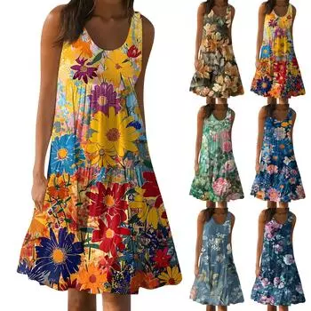 Гавайское платье для женщин, летние весенние плиссированные богемные платья, милые струящиеся пляжные платья без рукавов, прямые платья-майки, платья с круглым вырезом L синий