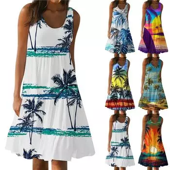 Гавайское платье для женщин, летние весенние плиссированные богемные платья, милые струящиеся пляжные платья без рукавов, прямая футболка, платья-майки, платья с круглым вырезом L синий