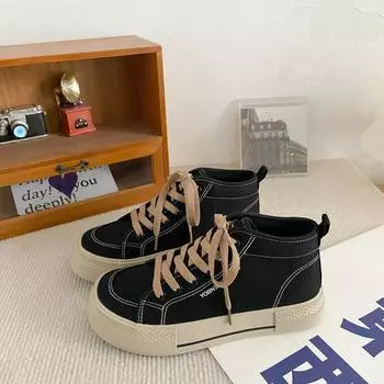 GD35 square head retro big head high-top board shoes female students platform canvas shoes female 2025 autumn and winter ins tide board shoes 35 черный коричневый