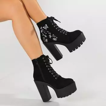 Gdgydh Цветочная вышивка на высоком каблуке, ботильоны для женщин, осенние готические сапоги на платформе в стиле ретро для мотоциклистов, на молнии 39 чёрный