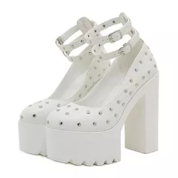 Gdgydh Fashion Rivet High Heel Shoes Platform Pumps for Women Studding Ankle Buckle Strap Chunky Heel White Dress Wedding Shoes 35 белый