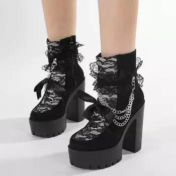 Gdgydh Gothic Vintage Lace Ankle Boots for Women Floral Pattern Chunky Heel Platform Boots with Chain Dress Outdoor 35 чёрный