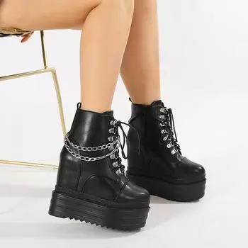 Gdgydh короткие сапоги на танкетке для женщин, модные, с цепочным декором, с внутренней стороны, увеличивающие высоту, стильные, со шнуровкой, с боковой молнией, на платформе 35 чёрный