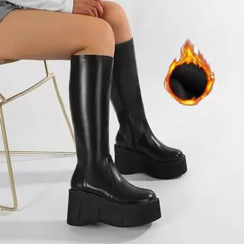 Gdgydh Модные женские сапоги до колена, зимние сапоги на утолщенной танкетке и платформе, застежка-молния, плюшевая зимняя обувь из искусственного меха 42 чёрный