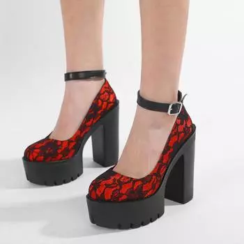 Gdgydh Red Wedding Mary Janes Women Shoes with Lace Aankle Strap Waterproof Platform Pumps High-Heeled Shoes Round Toe 35 красный