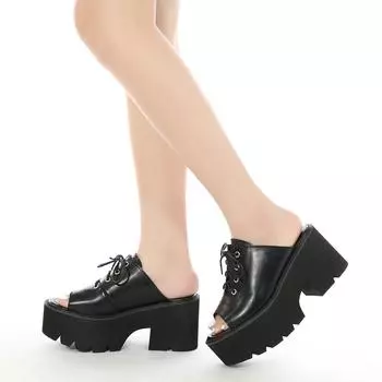 Gdgydh сандалии-мюли с открытым носком, женская обувь без шнуровки, черная летняя обувь из мягкой кожи на платформе, на массивном каблуке, на шнуровке, большие размеры 35 чёрный