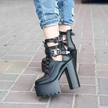 Gdgydh/сексуальная женская обувь для ночного клуба с пряжкой и ремешком, ботильоны на высоком каблуке с вырезами, ботильоны на платформе, готические короткие сапоги на платформе, женские туфли на молнии 34 чёрный