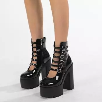 Gdgydh туфли-лодочки на блочном каблуке для женщин, модные модельные туфли с несколькими пряжками и ремешками в форме сердца, туфли Мэри Джейн на высоком каблуке с боковой молнией 41 чёрный