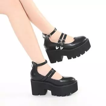 Gdgydh туфли-лодочки на платформе с пряжкой в форме сердца для женщин, обувь Мэри Джейн с ремешком на щиколотке, готическая обувь на танкетке в стиле Лолиты, обувь для косплея на Хэллоуин 35 чёрный