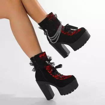 Gdgydh Винтажные готические кружевные ботильоны для женщин Толстый каблук Боковая молния с цепочкой Платформа Готические ботинки Высокий каблук 35 чёрный