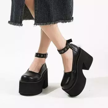 Gdgydh весенние женские туфли-лодочки Мэри Джейн Лолита на массивном каблуке и высокой платформе с пряжкой на щиколотке и ремешком, круглый носок, готический каблук, большие размеры 35 чёрный