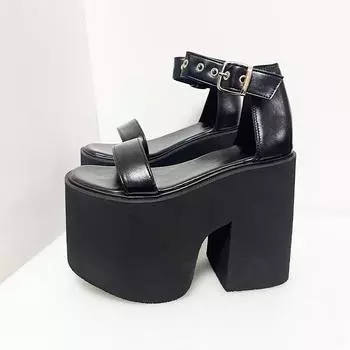 Gdgydh женские босоножки на массивном каблуке с толстой подошвой для ночного клуба и увеличенным открытым носком, модные заклепки на платформе, танкетка с ремешком на щиколотке 35 чёрный