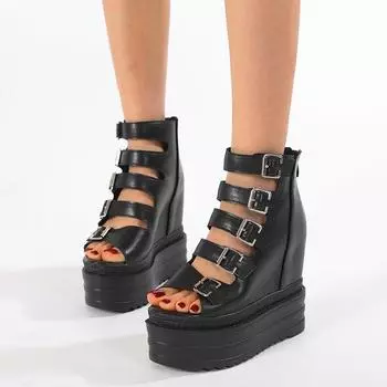 Gdgydh/женские босоножки на танкетке, модная летняя обувь с открытым носком и молнией сзади, стильные сандалии на платформе с несколькими пряжками и ремешками 35 чёрный