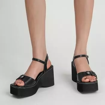 Gdgydh женские босоножки на танкетке с квадратным носком, модные повседневные босоножки на платформе и каблуке с пряжкой на щиколотке и массивным каблуком 35 чёрный