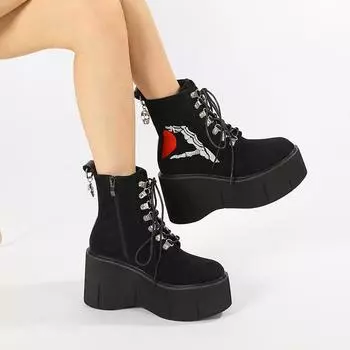 Gdgydh/женские ботинки на танкетке со скелетонами на Хэллоуин для женщин, модные удобные ботильоны на шнуровке и боковой молнии на платформе и каблуке 35 чёрный
