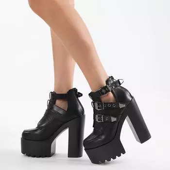 Gdgydh/женские однотонные ботинки на блочном каблуке, модные модельные туфли на молнии сзади, стильные ботильоны с ремешком и пряжкой на высоком каблуке 35 чёрный