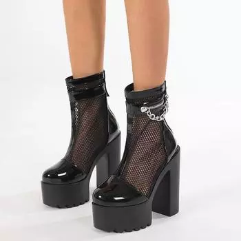 Gdgydh женские полусапоги на блочном каблуке, дышащая сетка на молнии сзади, стильные ботильоны на высоком каблуке, модная летняя обувь с цепочкой 35 чёрный