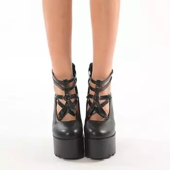 Gdgydh женские туфли на блочном каблуке в готическом стиле, туфли-лодочки на платформе с закрытым носком и пряжкой на ремешке, однотонные туфли на каблуке с молнией сзади 35 чёрный
