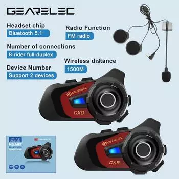 GEARELEC GX8 Мотоциклетный Bluetooth-интерком, обмен музыкой, 1500 м, 8 мотоциклистов, группа, шлем, динамик, гарнитура, переговорное устройство