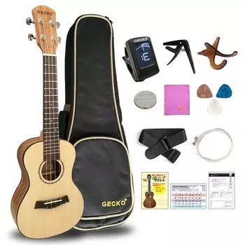 GECKO Ukulele Concert 23 дюйма, одинарная ель U12SA, характеристики бриджа, набор из 13 предметов, запасные деревянные аксессуары для укулеле и подставка, тюнер,