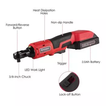 Geevorks 3/8 дюйма, 20 В, аккумуляторный электрический ключ с храповым механизмом, 380 об/мин, переменная скорость, 60 Нм, мощность с храповым механизмом EU Plug красный