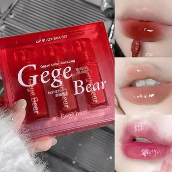 Gege Bear 3Pcs Lipstick Set Colorful Water Glossy Lip Glaze Moisture Lip Gloss Makeup Liquid Lip Gloss