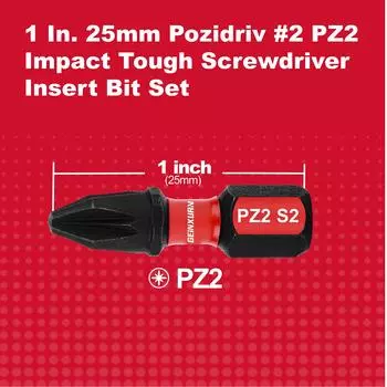 Geinxurn 1Inches Pozidriv #2 PZ2 Impact Tough Screwdriver Power Bit Set, S2 Alloy Steel Screwdriver Bits Set 1Inches