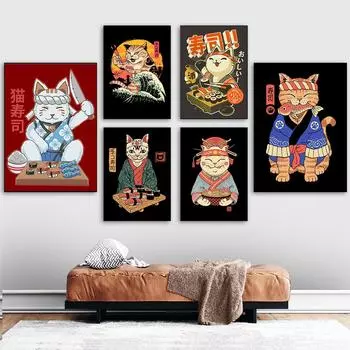 Гейша Неко Рамен Настенный холст Плакат Суши Кот Шеф-повар Япония Волна Печать Картина Ретро Забавный Мяустер Бар Кухня Домашний декор Фреска 21x30cm No Framed