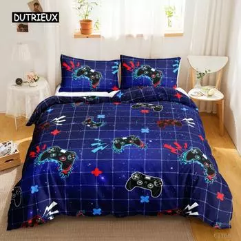 Геймерский пододеяльник, комплект постельного белья для детей, мальчиков, подростков, контроллер для видеоигр, геймпад, комплект постельного белья, двуспальный, размера «king-size», полиэстеровый чехол-кровать US Queen(228x228cm)