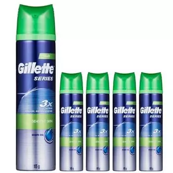 Гель для бритья Gillette Sensitive Skin, 195 г, 5 упаковок, корейское бритвенное лезвие