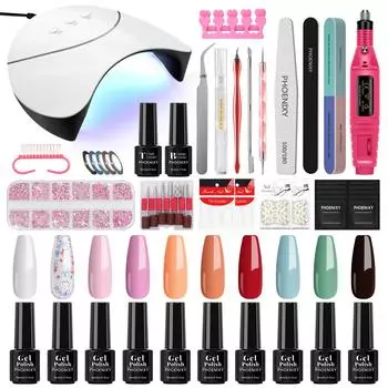 Гель-лак для ногтей PHOENIXY, 5 мл, сушилка для ногтей, фреза для ногтей, маникюрный набор, комплект светодиодной лампы для ногтей 36 Вт, верхнее покрытие и наборы инструментов для замачивания ногтей