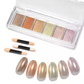 Гелевая пудра для ногтей Nail Art Mirror Powder 6 Color Palette Nuance Nail Metallic Powder Color Mirror with Sponge Tip coikaze