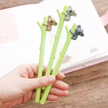 гелевая ручка с рисунком коалы, 3 шт., зеленая ветка, черный цвет, шариковая ручка 0,5 мм, милые школьные принадлежности A6719