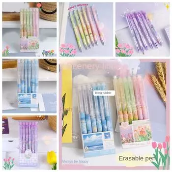 Гелевые ручки с ландшафтом и ластиками. Нейтральная ручка для письма. Офисные аксессуары. Гелевые ручки. Школьные принадлежности. Purple tulip чёрный