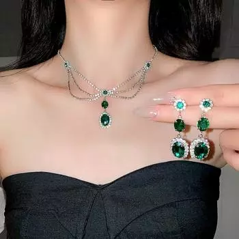 GemChic Женские новые изысканные овальные хрустальные стразы кисточка ожерелье серьги комплект из двух частей серьги-гвоздики иглы на день рождения Рождество ювелирные изделия подарок