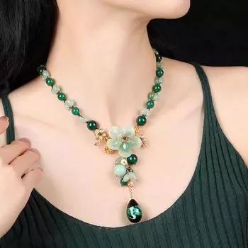 GemChic Женские Новые Этнические Глазурованные Цветочные Бусины Зеленый Агат Кулон Ожерелье Винтажная Цепочка Изысканный День Рождения Рождественский Ювелирный Подарок
