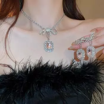 GemChic Женские новые сверкающие квадратные хрустальные стразы ожерелье бант серьги комплект из двух предметов серьги-гвоздики на день рождения Рождество ювелирные изделия подарок